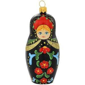 Hand-Painted Russian Black Matryoshka Doll Glass Hand-Blown Ornament